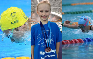 Flashback photos of SCS alumni and Olympic swimmers Olivia Wunsch and Se Bom Lee, with Paralympic swimmer Holly Warn